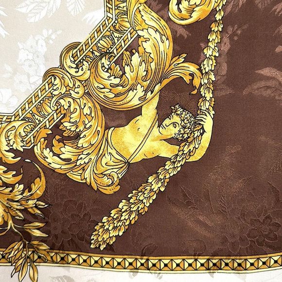 Silk Square Scarf Italy Brown Gold Cream Baroque - Picture 4 of 13